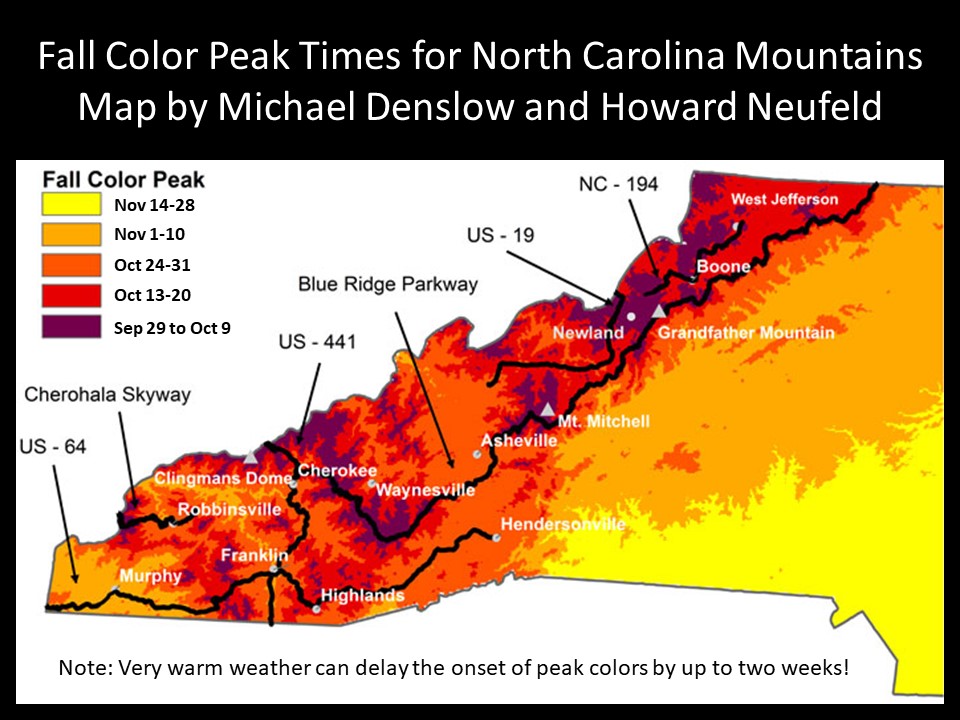 Map of NC showing dates of peak fall color
