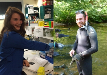 Laura Ellis in the lab; Gary Pandolfi in the field with wetsuit in a river