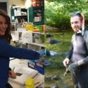 Laura Ellis in the lab; Gary Pandolfi in the field with wetsuit in a river